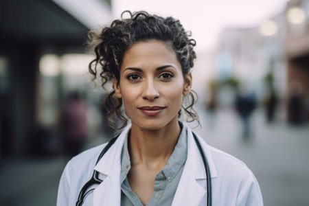 Portrait of young female doctor with stethoscope in the cityの素材