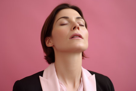 Portrait of a young businesswoman with closed eyes on a pink backgroundの素材