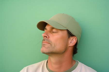 Handsome young man in baseball cap sleeping on green wall backgroundの素材