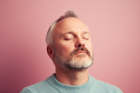 Portrait of a mature man with gray hair and beard on a pink backgroundの素材