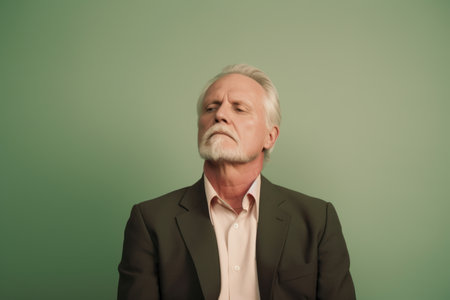 Handsome senior man with gray hair and beard on green backgroundの素材