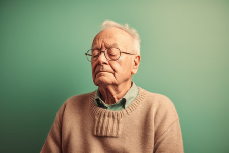 Portrait of an old man with glasses, isolated on green backgroundの素材