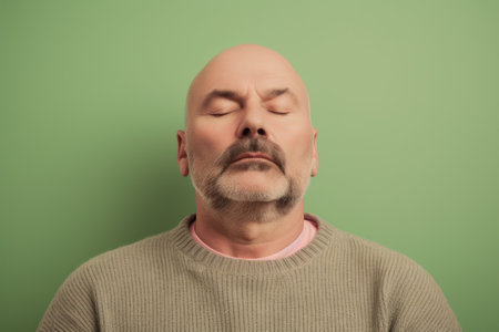Portrait of a bald man with closed eyes on a green backgroundの素材