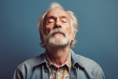 Portrait of a senior man with a white beard on a blue backgroundの素材