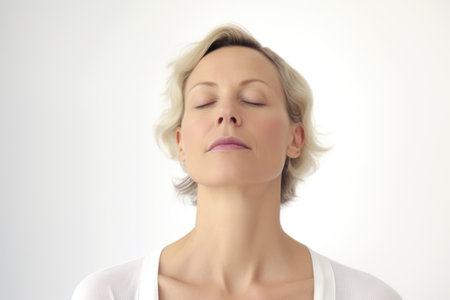 Portrait of a beautiful blonde woman with closed eyes and closed eyes.の素材