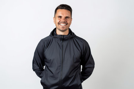 Portrait of a smiling sporty man in a black jacket on a white backgroundの素材