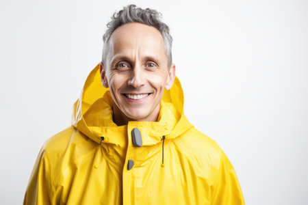 Portrait of smiling senior man in yellow raincoat on white backgroundの素材