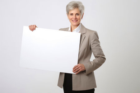 Mature businesswoman holding a blank sheet of paper on gray backgroundの素材