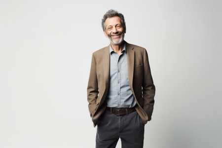 Portrait of a smiling mature man standing with hands in pockets isolated over white backgroundの素材