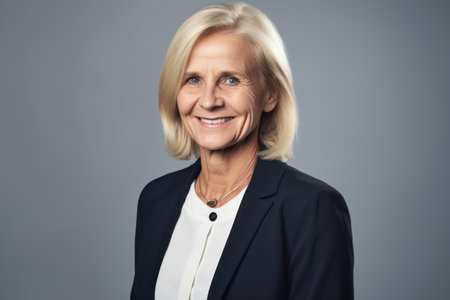 Portrait of a senior businesswoman smiling at the camera while standing against gray backgroundの素材