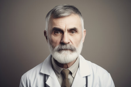 Portrait of senior doctor with white beard and stethoscope on gray backgroundの素材