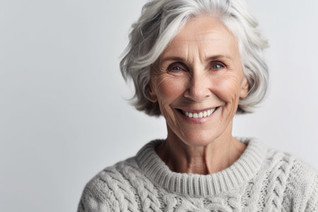 Portrait of smiling senior woman looking at camera isolated on gray backgroundの素材