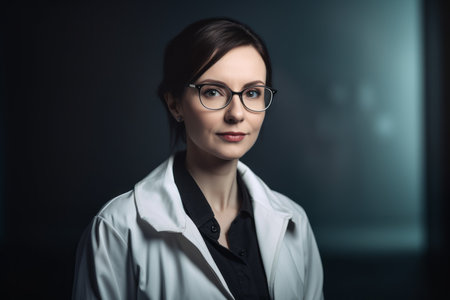 Portrait of a beautiful young woman in a white coat and glassesの素材