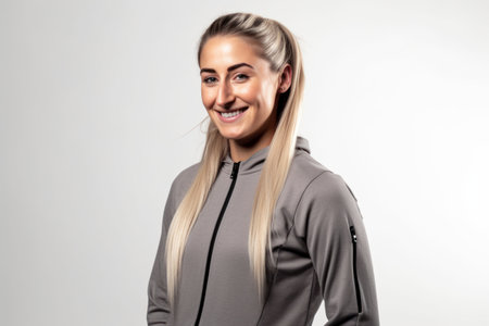 Portrait of a beautiful young woman in sportswear on a white backgroundの素材