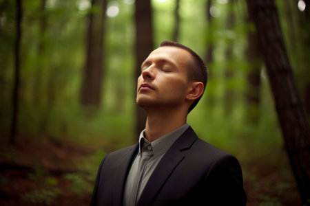 Portrait of a handsome young businessman standing in the forest and looking awayの素材