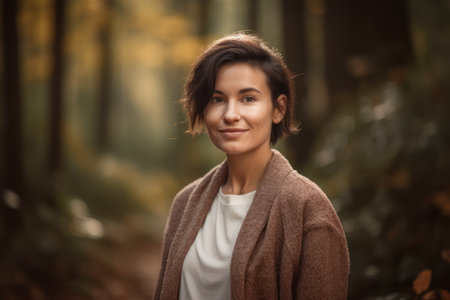Portrait of a beautiful young woman in the autumn forest. Soft focus.の素材