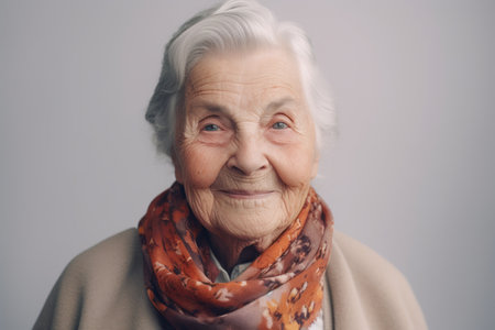 Portrait of an elderly woman with a scarf on a gray backgroundの素材