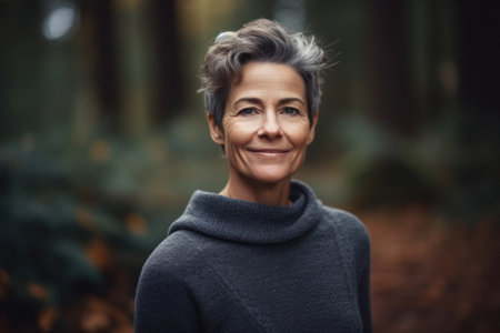 Portrait of a smiling middle-aged woman in the autumn forestの素材