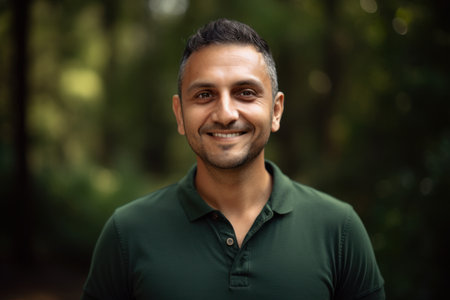 Portrait of a handsome Indian man smiling at the camera outdoors.の素材