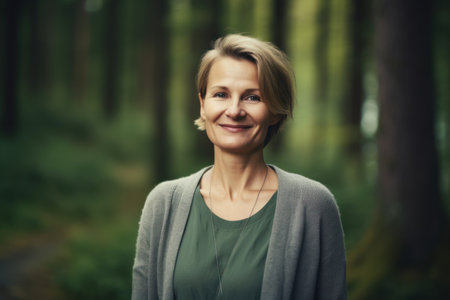 Portrait of a smiling middle-aged woman in the forest.の素材