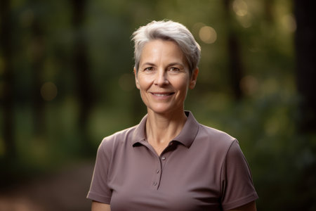 Portrait of a smiling senior woman standing in the park at sunsetの素材