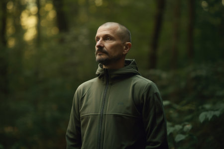 Portrait of a bearded man in a green jacket in the forestの素材