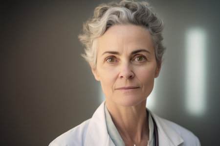 Portrait of senior female doctor looking at camera on gray background.の素材