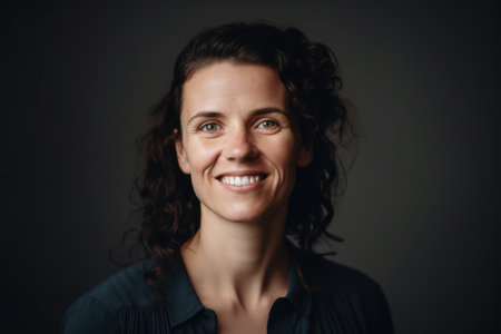 Portrait of a happy young woman looking at camera over dark backgroundの素材