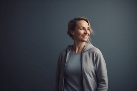 Portrait of a young woman in a gray sweater on a gray backgroundの素材
