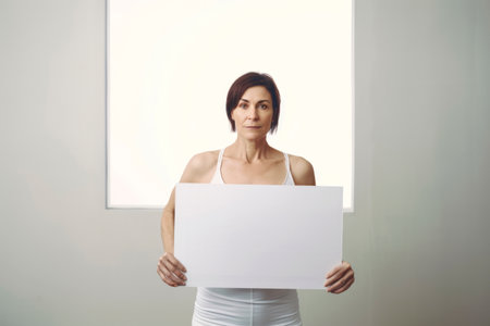 Portrait of a beautiful young woman holding a white sheet of paperの素材