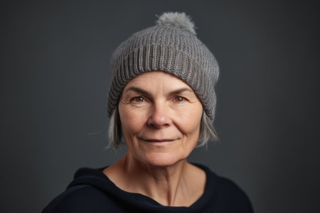 Close up portrait of a senior woman wearing a knitted hat.の素材