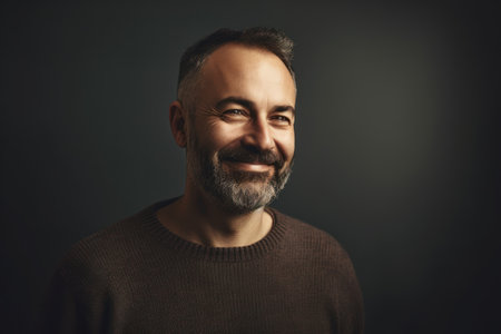 Portrait of a smiling middle-aged man in a brown sweater on a dark backgroundの素材
