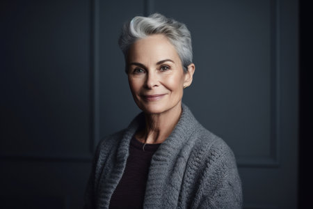 Portrait of a beautiful mature woman with gray hair and gray sweaterの素材