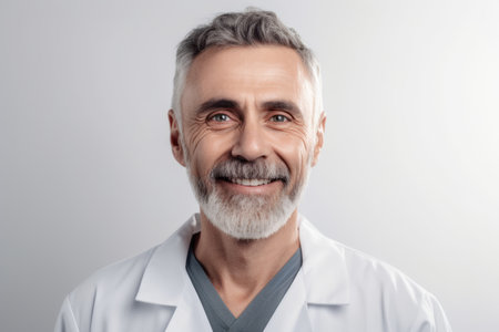 smiling mature doctor in white coat looking at camera isolated on grayの素材
