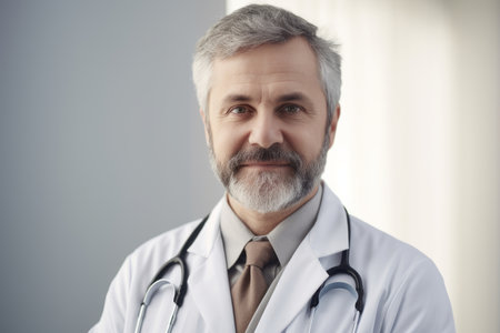 Portrait of senior doctor in white coat and stethoscope.の素材