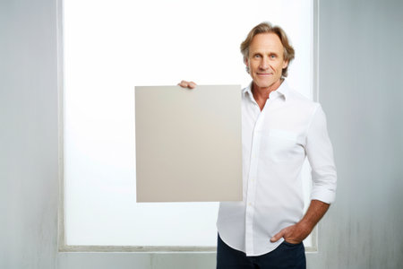 Portrait of happy mature man holding blank sheet of paper in handsの素材