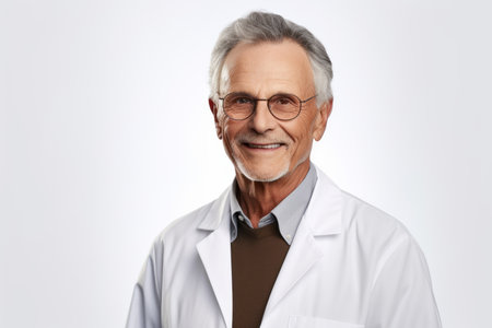 Portrait of senior male doctor in eyeglasses smiling at cameraの素材