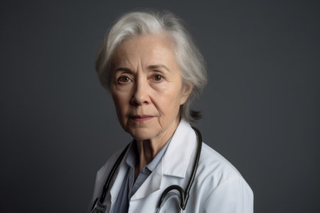 Portrait of senior female doctor with stethoscope on gray backgroundの素材