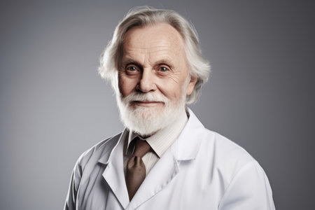 Portrait of a senior male doctor in a lab coat. Gray background.の素材