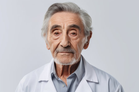 Portrait of senior doctor looking at camera while standing against gray backgroundの素材