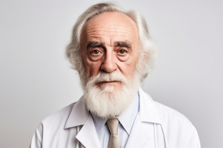 Portrait of a senior doctor with white beard on gray background.の素材