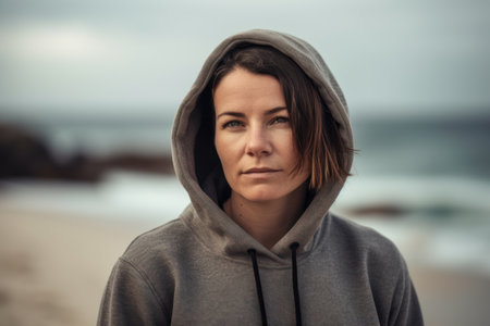 Portrait of a beautiful woman wearing hoodie on the beach.の素材