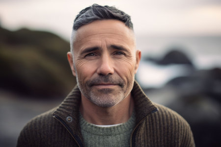 Portrait of handsome mature man looking at camera at beach during autumn dayの素材
