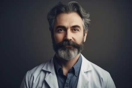 Portrait of a bearded male doctor in a lab coat on a dark background.の素材
