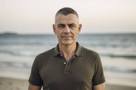 Portrait of a mature man standing on the beach looking at the cameraの素材