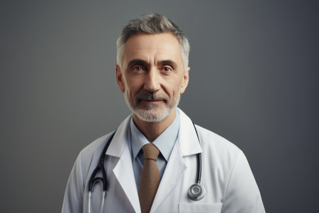 Portrait of mature male doctor with stethoscope on gray backgroundの素材