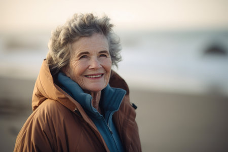 Portrait of smiling senior woman standing on beach at cold autumn dayの素材