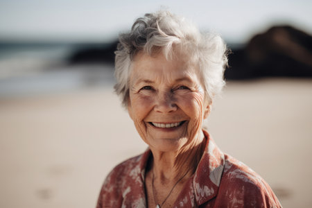 Portrait of smiling senior woman standing on the beach at the day timeの素材