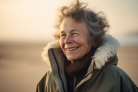 Portrait of smiling senior woman in winter clothes on the beach.の素材