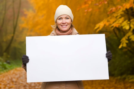 Smiling senior woman holding a blank white board in the autumn parkの素材